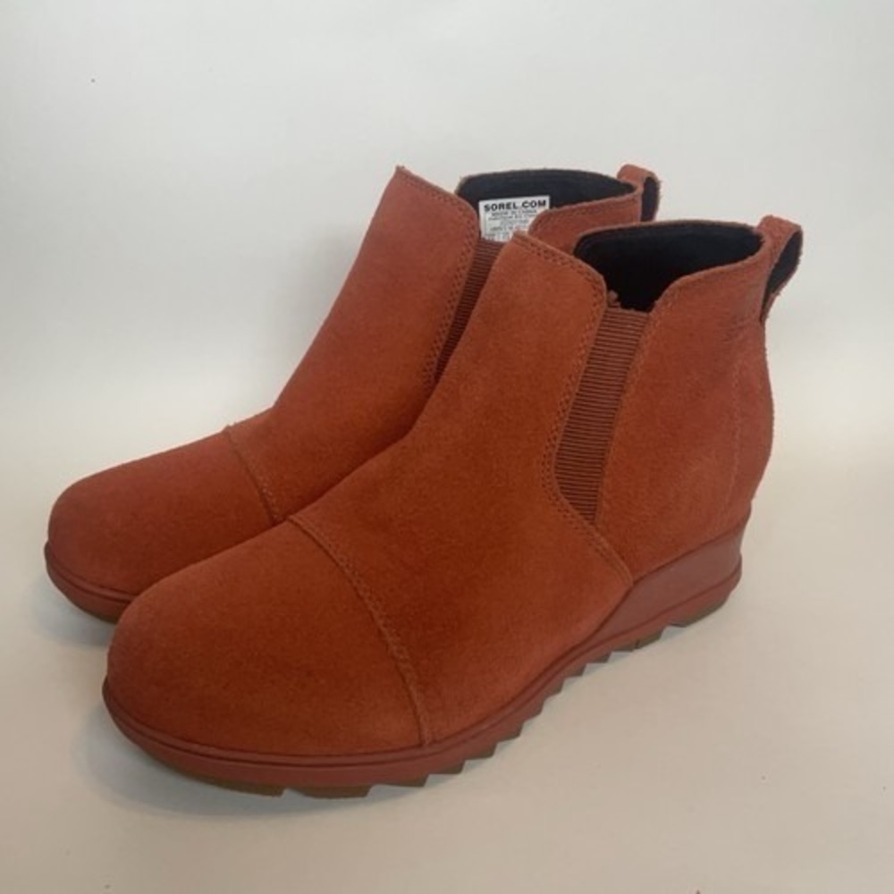 NWOB Sorel Evie Warp Red Hidden Wedge Ankle Boots Women 9.5 China Suede/Leather